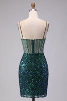 Laden Sie das Bild in den Galerie-Viewer, Glitzerndes dunkelgrünes Blumenkorsett Bodycon Pailletten Kurzes Homecoming-Kleid