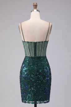 Glitzerndes dunkelgrünes Blumenkorsett Bodycon Pailletten Kurzes Homecoming-Kleid