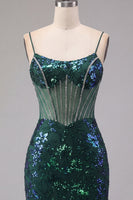 Laden Sie das Bild in den Galerie-Viewer, Glitzerndes dunkelgrünes Blumenkorsett Bodycon Pailletten Kurzes Homecoming-Kleid