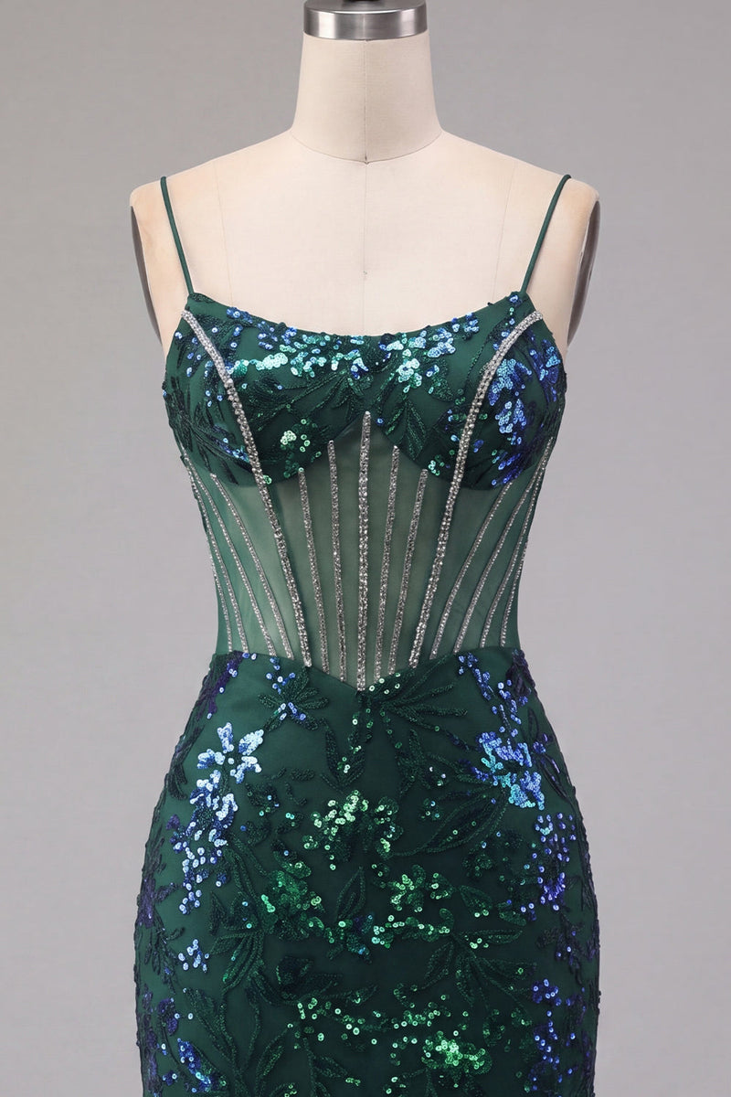 Laden Sie das Bild in den Galerie-Viewer, Glitzerndes dunkelgrünes Blumenkorsett Bodycon Pailletten Kurzes Homecoming-Kleid
