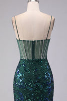 Laden Sie das Bild in den Galerie-Viewer, Glitzerndes dunkelgrünes Blumenkorsett Bodycon Pailletten Kurzes Homecoming-Kleid