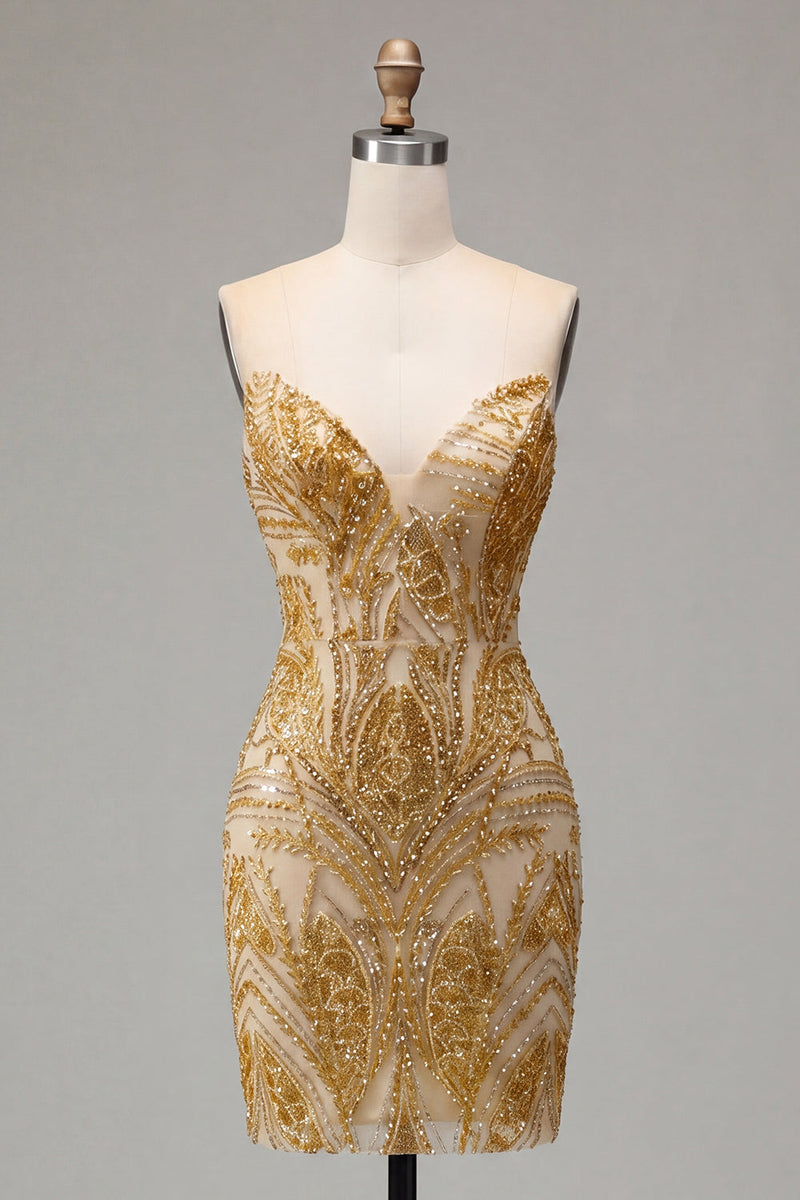 Laden Sie das Bild in den Galerie-Viewer, Glitzerndes goldenes Bodycon-Sweetheart-Pailletten-Mini-Homecoming-Kleid