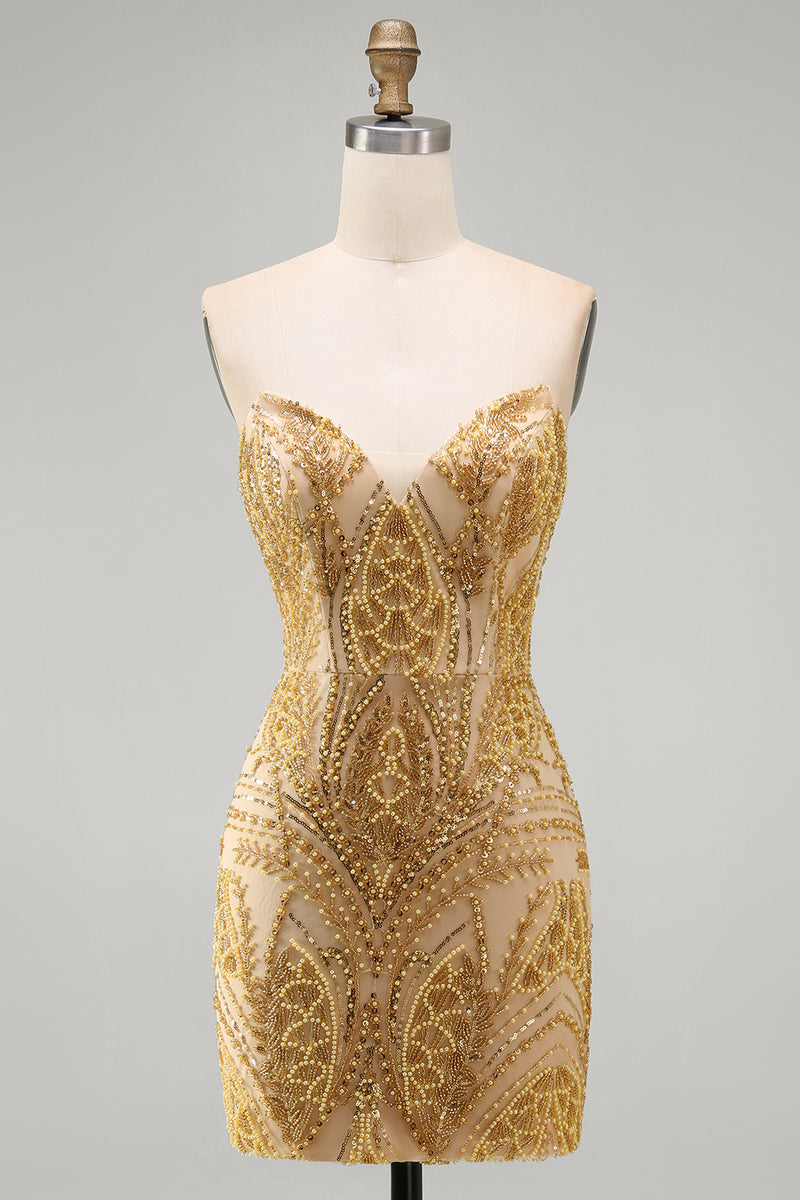 Laden Sie das Bild in den Galerie-Viewer, Glitzerndes goldenes Bodycon-Sweetheart-Pailletten-Mini-Homecoming-Kleid