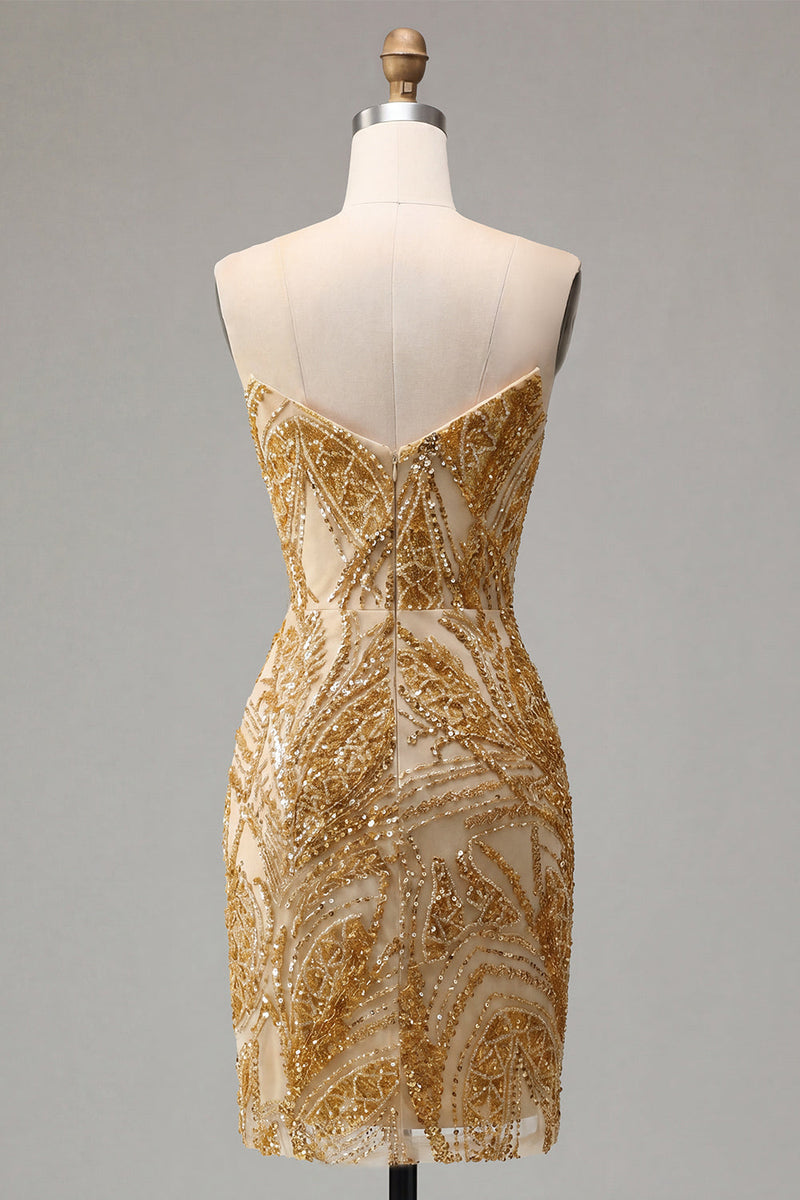 Laden Sie das Bild in den Galerie-Viewer, Glitzerndes goldenes Bodycon-Sweetheart-Pailletten-Mini-Homecoming-Kleid