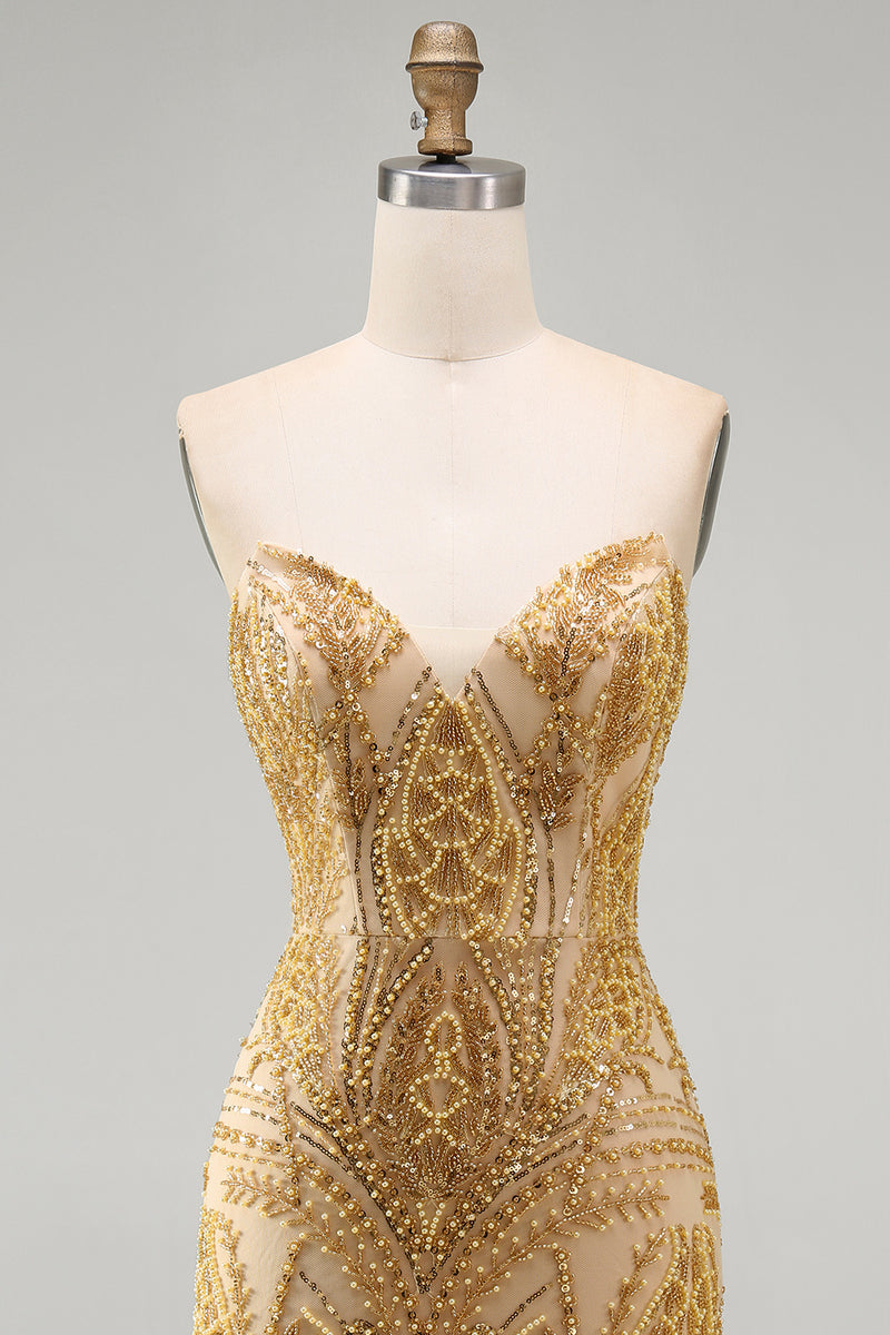 Laden Sie das Bild in den Galerie-Viewer, Glitzerndes goldenes Bodycon-Sweetheart-Pailletten-Mini-Homecoming-Kleid