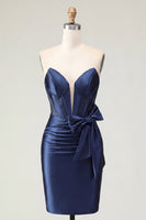 Laden Sie das Bild in den Galerie-Viewer, Satin Sweetheart Navy Bodycon Korsett mit gerafftem Homecoming-Kleid mit Schleife