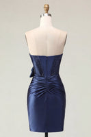 Laden Sie das Bild in den Galerie-Viewer, Satin Sweetheart Navy Bodycon Korsett mit gerafftem Homecoming-Kleid mit Schleife