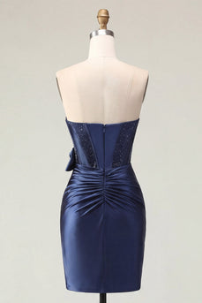 Satin Sweetheart Navy Bodycon Korsett mit gerafftem Homecoming-Kleid mit Schleife