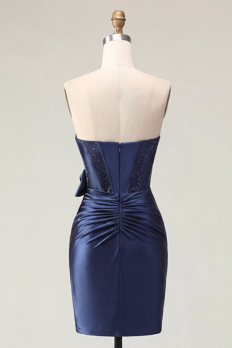 Laden Sie das Bild in den Galerie-Viewer, Satin Sweetheart Navy Bodycon Korsett mit gerafftem Homecoming-Kleid mit Schleife