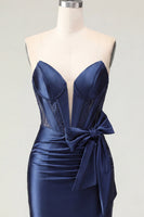 Laden Sie das Bild in den Galerie-Viewer, Satin Sweetheart Navy Bodycon Korsett mit gerafftem Homecoming-Kleid mit Schleife