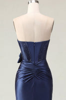 Laden Sie das Bild in den Galerie-Viewer, Satin Sweetheart Navy Bodycon Korsett mit gerafftem Homecoming-Kleid mit Schleife
