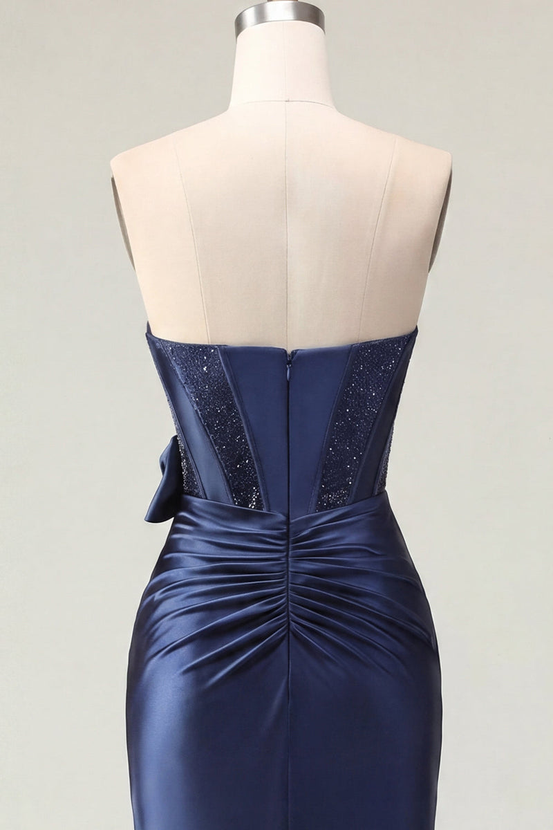 Laden Sie das Bild in den Galerie-Viewer, Satin Sweetheart Navy Bodycon Korsett mit gerafftem Homecoming-Kleid mit Schleife