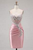Laden Sie das Bild in den Galerie-Viewer, Satin Blush Bodycon Korsett gerafftes Homecoming-Kleid mit Strasssteinen