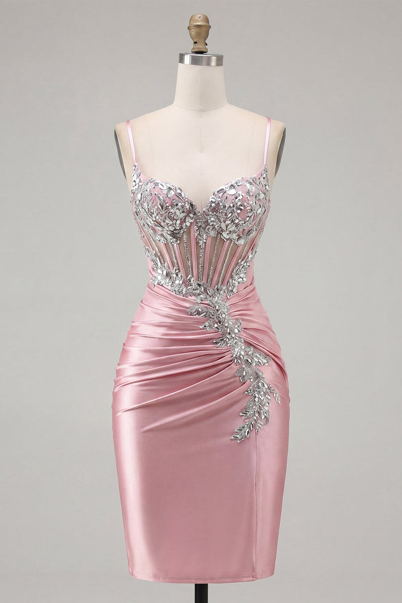 Laden Sie das Bild in den Galerie-Viewer, Satin Blush Bodycon Korsett gerafftes Homecoming-Kleid mit Strasssteinen