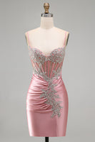 Laden Sie das Bild in den Galerie-Viewer, Satin Blush Bodycon Korsett Gerafftes Kurzes Abendkleid mit Strasssteinen