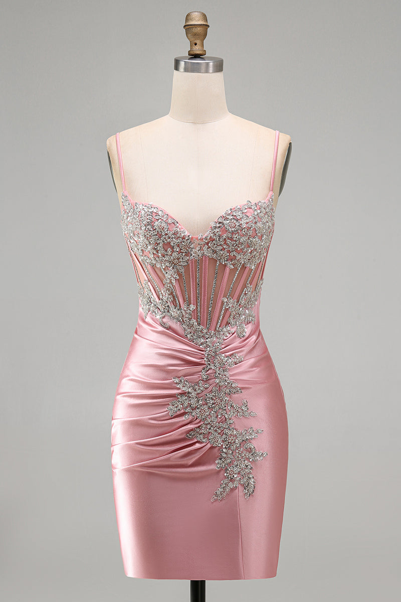 Laden Sie das Bild in den Galerie-Viewer, Satin Blush Bodycon Korsett Gerafftes Kurzes Abendkleid mit Strasssteinen