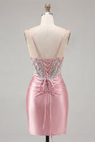 Laden Sie das Bild in den Galerie-Viewer, Satin Blush Bodycon Korsett gerafftes Homecoming-Kleid mit Strasssteinen