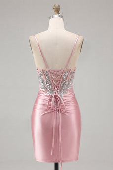 Satin Blush Bodycon Korsett gerafftes Homecoming-Kleid mit Strasssteinen