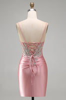 Laden Sie das Bild in den Galerie-Viewer, Satin Blush Bodycon Korsett Gerafftes Kurzes Abendkleid mit Strasssteinen