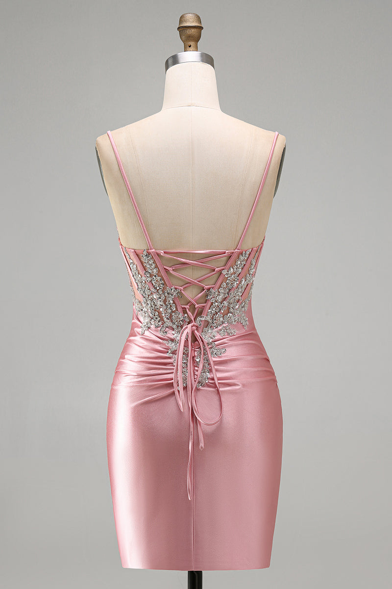 Laden Sie das Bild in den Galerie-Viewer, Satin Blush Bodycon Korsett Gerafftes Kurzes Abendkleid mit Strasssteinen