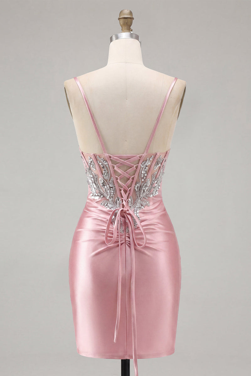 Laden Sie das Bild in den Galerie-Viewer, Satin Blush Bodycon Korsett gerafftes Homecoming-Kleid mit Strasssteinen