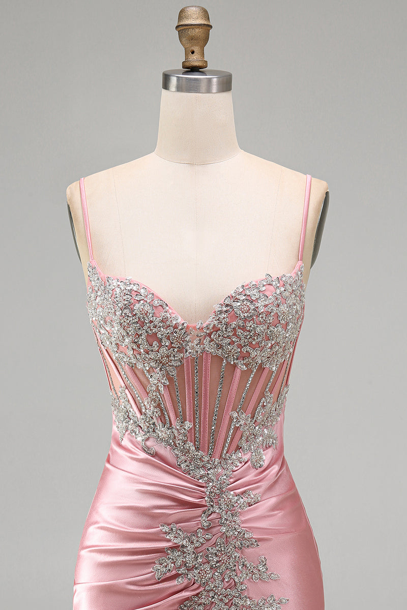 Laden Sie das Bild in den Galerie-Viewer, Satin Blush Bodycon Korsett Gerafftes Kurzes Abendkleid mit Strasssteinen