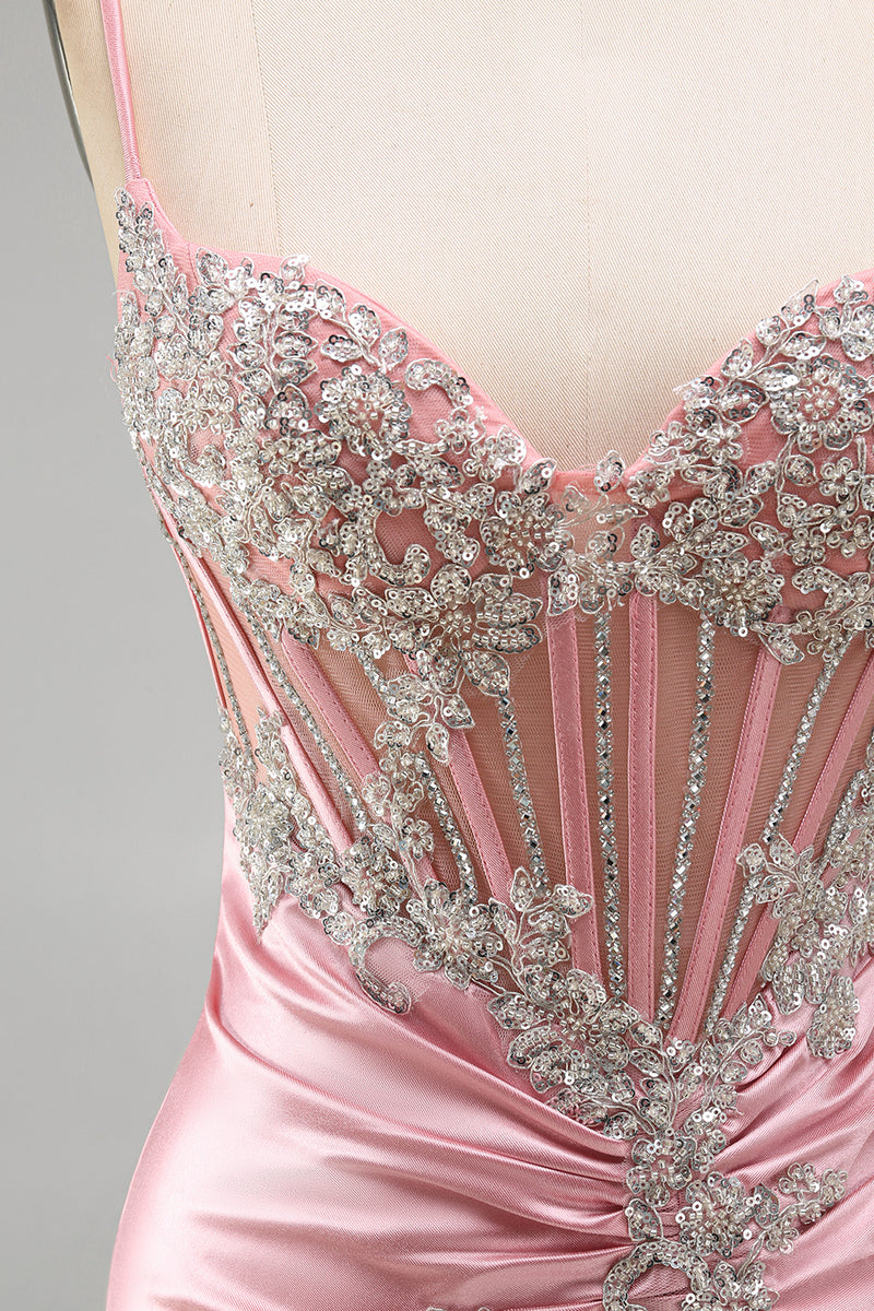 Laden Sie das Bild in den Galerie-Viewer, Satin Blush Bodycon Korsett Gerafftes Kurzes Abendkleid mit Strasssteinen