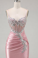 Laden Sie das Bild in den Galerie-Viewer, Satin Blush Bodycon Korsett gerafftes Homecoming-Kleid mit Strasssteinen