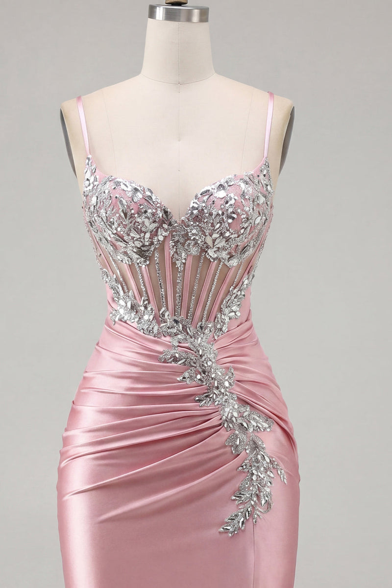 Laden Sie das Bild in den Galerie-Viewer, Satin Blush Bodycon Korsett gerafftes Homecoming-Kleid mit Strasssteinen