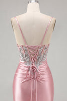 Laden Sie das Bild in den Galerie-Viewer, Satin Blush Bodycon Korsett gerafftes Homecoming-Kleid mit Strasssteinen