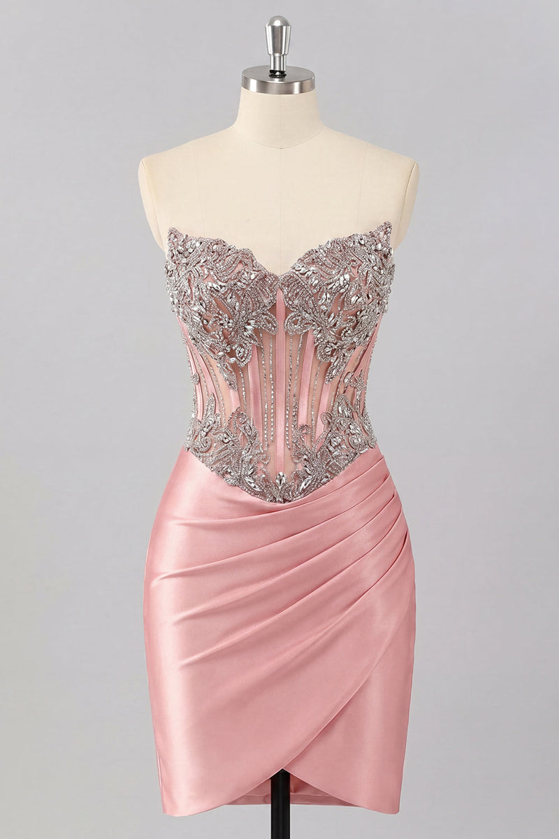 Laden Sie das Bild in den Galerie-Viewer, Satin Blush Sweetheart Bodycon Korsett mit gerafftem Homecoming-Kleid mit Strasssteinen