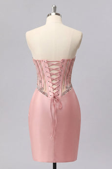 Satin Blush Sweetheart Bodycon Korsett mit gerafftem Homecoming-Kleid mit Strasssteinen