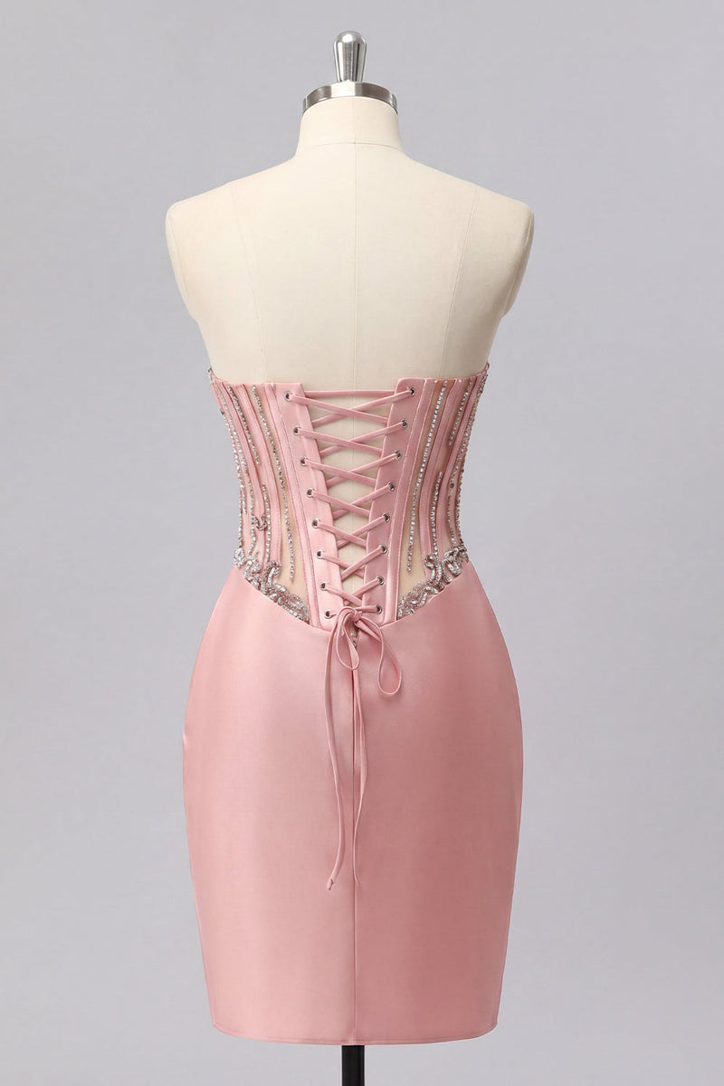 Laden Sie das Bild in den Galerie-Viewer, Satin Blush Sweetheart Bodycon Korsett mit gerafftem Homecoming-Kleid mit Strasssteinen