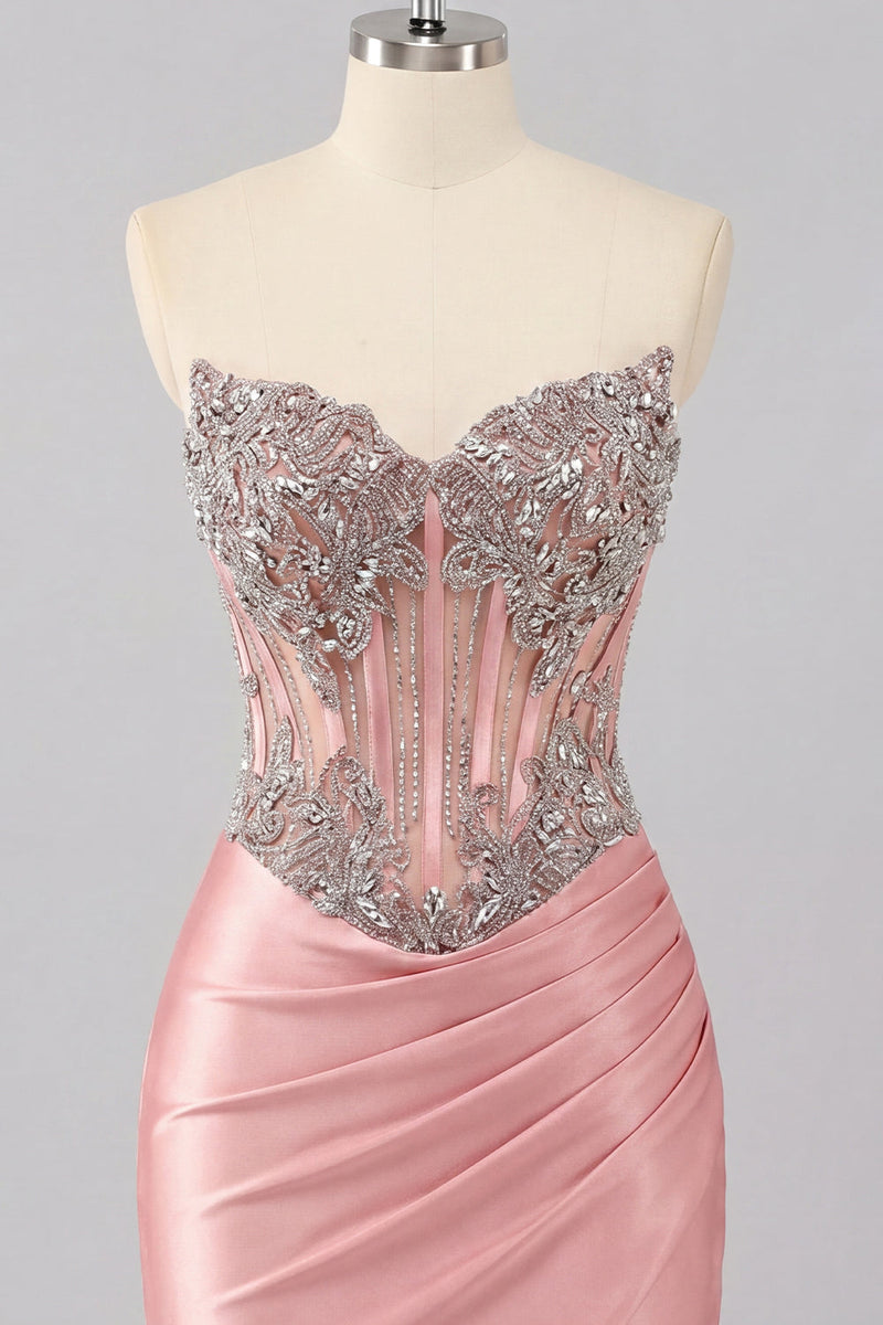 Laden Sie das Bild in den Galerie-Viewer, Satin Blush Sweetheart Bodycon Korsett mit gerafftem Homecoming-Kleid mit Strasssteinen