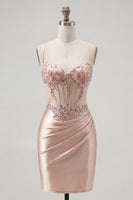 Laden Sie das Bild in den Galerie-Viewer, Champagner Bodycon Korsett mit Falten, Perlen-Homecoming-Kleid
