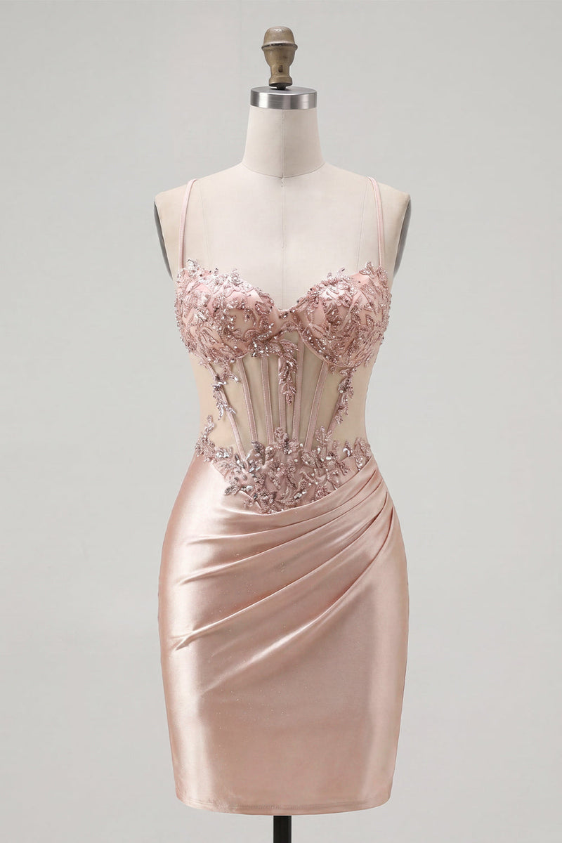 Laden Sie das Bild in den Galerie-Viewer, Champagner Bodycon Korsett mit Falten, Perlen-Homecoming-Kleid