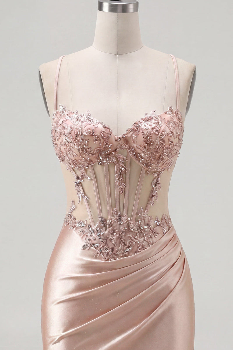 Laden Sie das Bild in den Galerie-Viewer, Champagner Bodycon Korsett mit Falten, Perlen-Homecoming-Kleid