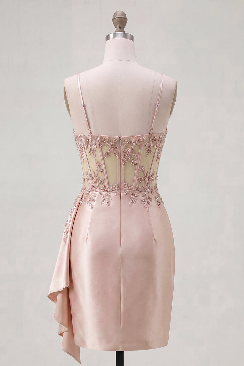 Laden Sie das Bild in den Galerie-Viewer, Champagne Bodycon Korsett mit gerafftem Perlen-Homecoming-Kleid mit Schärpe