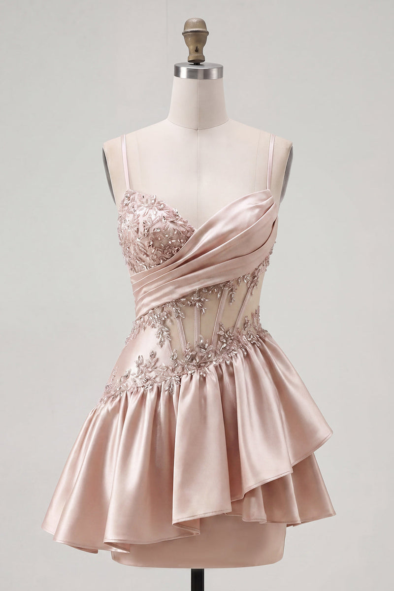 Laden Sie das Bild in den Galerie-Viewer, Champagner A-Line Korsett mit gerafftem Homecoming-Kleid mit Perlen
