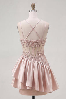 Champagner A-Line Korsett mit gerafftem Homecoming-Kleid mit Perlen