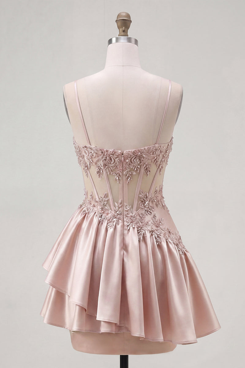 Laden Sie das Bild in den Galerie-Viewer, Champagner A-Line Korsett mit gerafftem Homecoming-Kleid mit Perlen