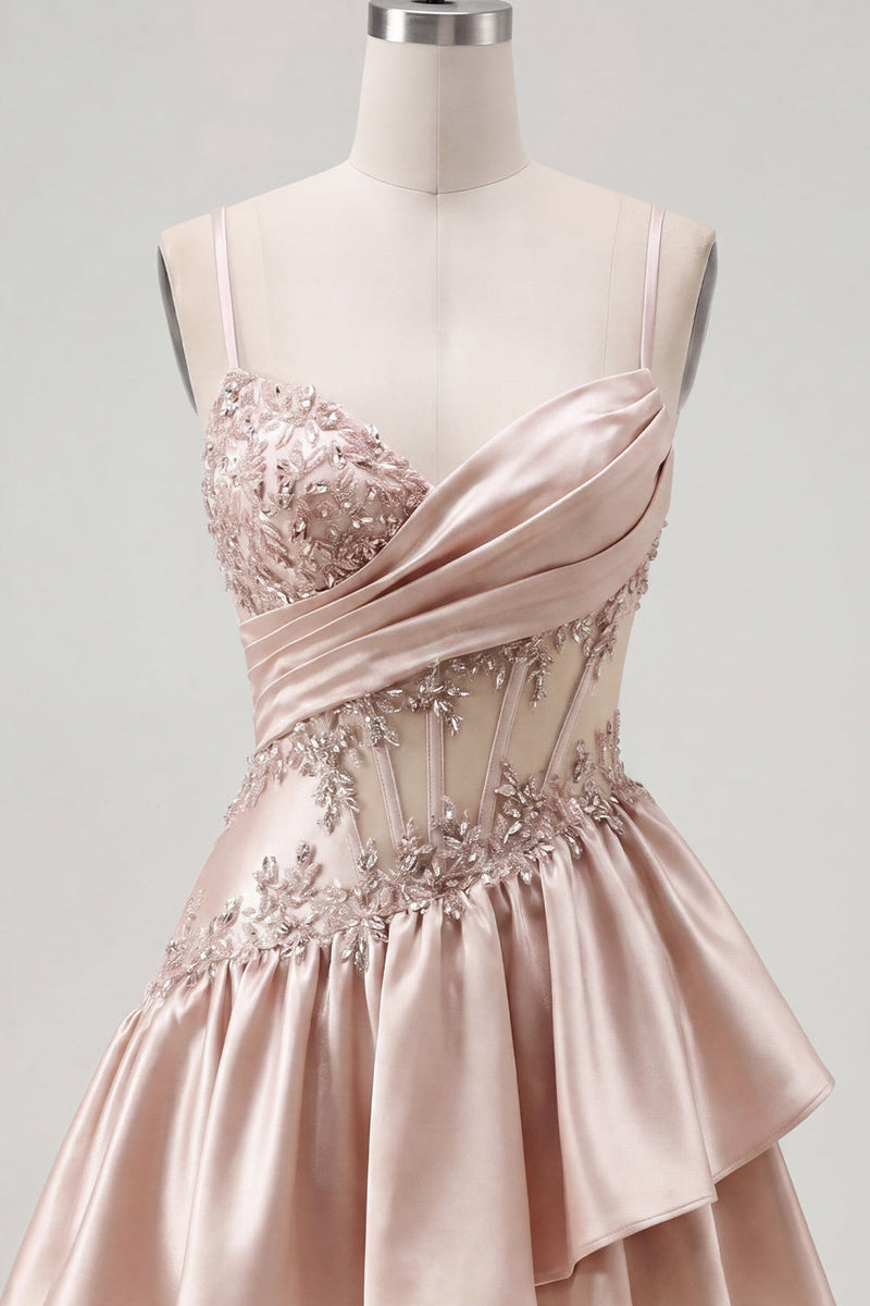 Laden Sie das Bild in den Galerie-Viewer, Champagner A-Line Korsett mit gerafftem Homecoming-Kleid mit Perlen