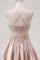 Laden Sie das Bild in den Galerie-Viewer, Champagner A-Line Korsett mit gerafftem Homecoming-Kleid mit Perlen