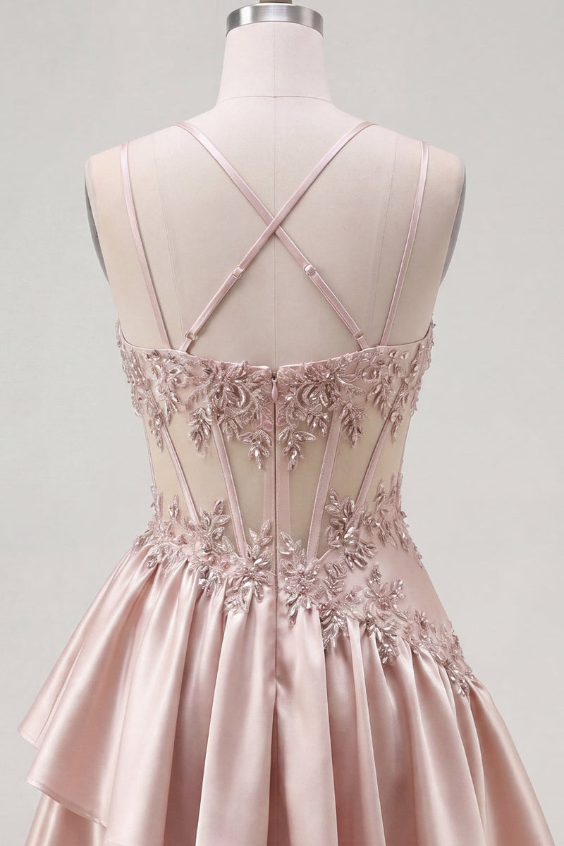 Laden Sie das Bild in den Galerie-Viewer, Champagner A-Line Korsett mit gerafftem Homecoming-Kleid mit Perlen