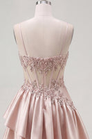 Laden Sie das Bild in den Galerie-Viewer, Champagner A-Line Korsett mit gerafftem Homecoming-Kleid mit Perlen