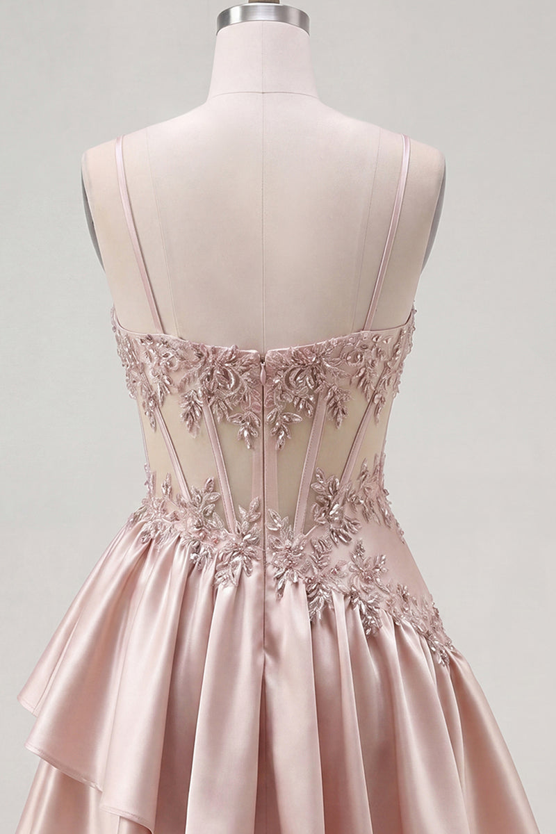 Laden Sie das Bild in den Galerie-Viewer, Champagner A-Line Korsett mit gerafftem Homecoming-Kleid mit Perlen
