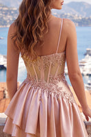 Laden Sie das Bild in den Galerie-Viewer, Champagner A-Line Korsett mit gerafftem Homecoming-Kleid mit Perlen