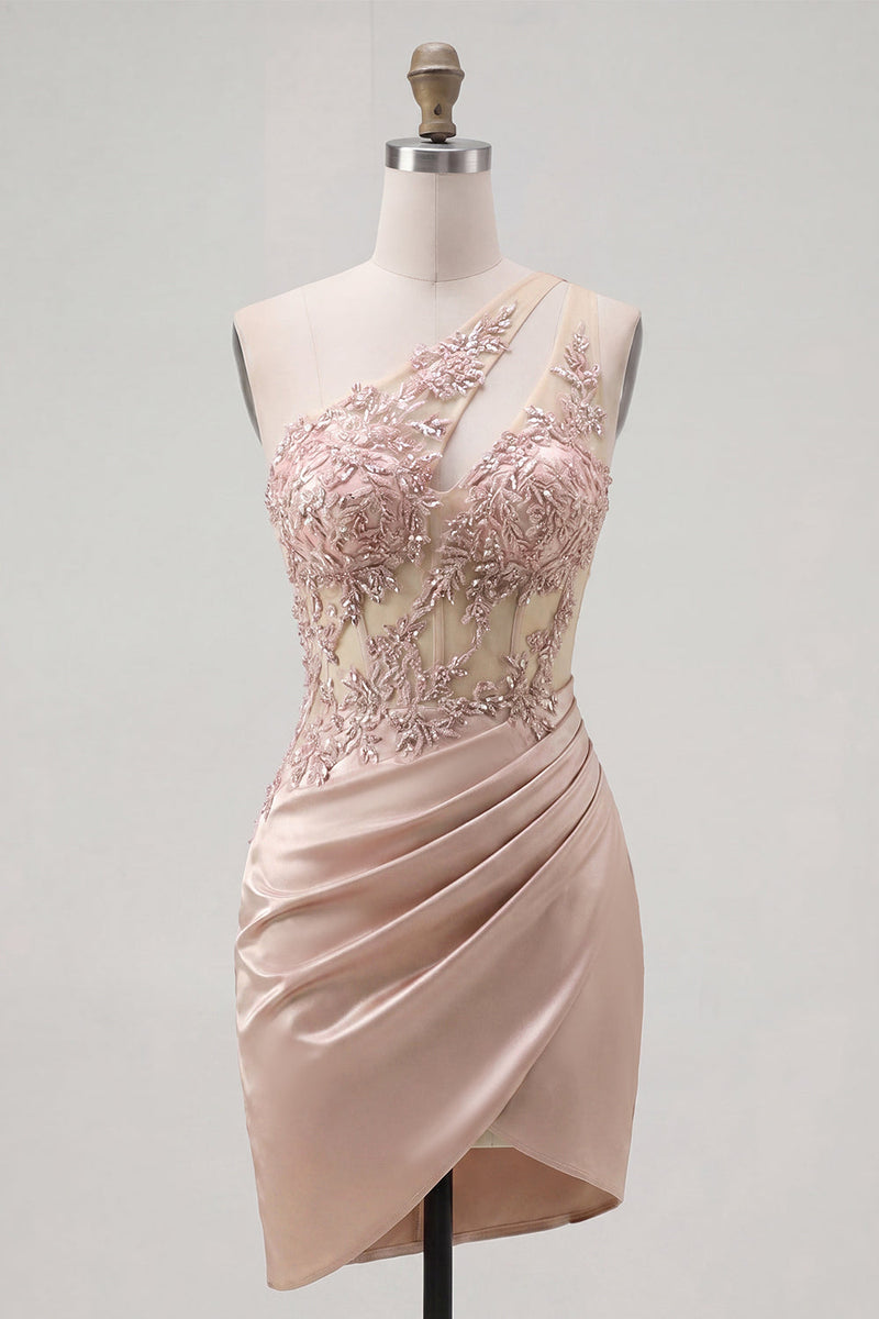 Laden Sie das Bild in den Galerie-Viewer, Champagner-Ein-Schulter-Bodycon-transparentes Korsett mit gerafftem Homecoming-Kleid mit Perlen