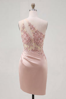 Champagner-Ein-Schulter-Bodycon-transparentes Korsett mit gerafftem Homecoming-Kleid mit Perlen