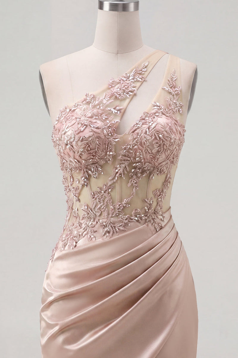 Laden Sie das Bild in den Galerie-Viewer, Champagner-Ein-Schulter-Bodycon-transparentes Korsett mit gerafftem Homecoming-Kleid mit Perlen